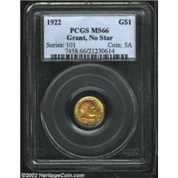 1922 G$1 Grant MS66 PCGS. Honey-gold peripheral shadings frame centers that exhibit either light or.