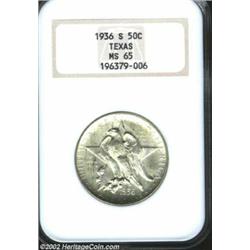 1936-S 50C Texas MS65 NGC. Fulsome mint luster blankets smooth, carefully preserved surfaces. Speckl