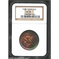 1938 50C Texas MS67 NGC. Succulent maroon and purple tones present an attractive mosaic of unadulter