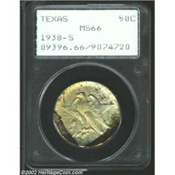 1938-S 50C Texas MS66 PCGS. Matte surfaces are accented with original areas of maroon and orange at.