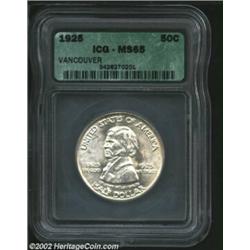 1925 50C Vancouver MS65 ICG. An essentially brilliant and highly lustrous Gem that has a sharp strik