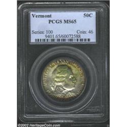 1927 50C Vermont MS65 PCGS. The margins have mauve and russet patina, while the centers have wisps o