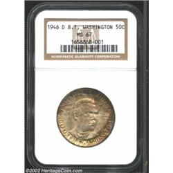 1946-D 50C Booker T. Washington MS67 NGC. Nearly flawless surfaces peek through medium hues of cinna