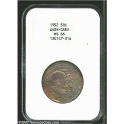 1952 50C Washington-Carver MS66 NGC. Vibrant orange and blue toning rests gently on the surfaces of.