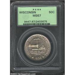 1936 50C Wisconsin MS67 PCGS. Pastel tan-gold, powder-blue, and lilac patina does not affect the pot