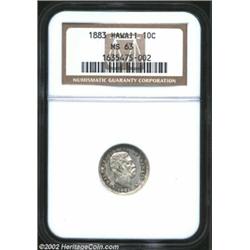 1883 10C Hawaii Ten Cents MS63 NGC. Light gray toning rests gently about the surfaces of this wholly