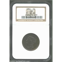 1854 P1C One Cent, Judd-160, Pollock-187, R.4, PR66 Brown NGC. The obverse is similar to that used o