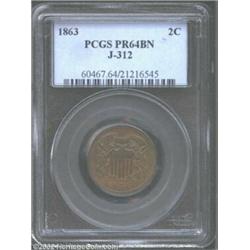 1863 2C Two Cents, Judd-312, Pollock-377, R.4, PR64 Brown PCGS. Similar to the adopted Two Cent piec