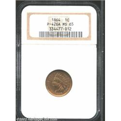 1864 1C Indian Cent, Unlisted in Judd, Pollock-426A, R.8(?), MS65 NGC. The dies are those of the reg