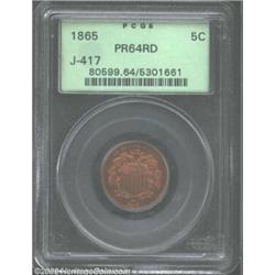 1865 5C Shield Five Cents, Judd-417, Pollock-489, R.7, PR64 Red PCGS. The design is similar to that.