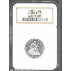 1865 25C Quarter Dollar, Judd-423, Pollock-495, R.7, PR64 NGC. The obverse shows the Liberty Seated.