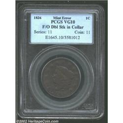 1826 MS Cent--Flip Over Double Struck in Collar--VG10 PCGS. N-5, High R.2. Rim break (as struck) abo