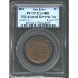 1853 1C Cent--Mis-Aligned Obverse Die--MS64 Red and Brown PCGS. At first glance, the obverse appears