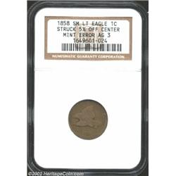 1858 1C Small Letters Cent--Struck 5% Off Center--AG3 NGC. Struck off center at 6 o'clock. ONE CENT.