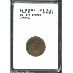 1864 1C Copper-Nickel Cent--Off-Center, Damage--ANACS. AU Details, Net XF40. Struck 15% off center a