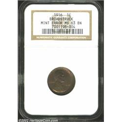 1916 1C Cent--Broadstruck--MS63 Brown NGC. Struck fifteen percent off center at 11:00. Nicely preser