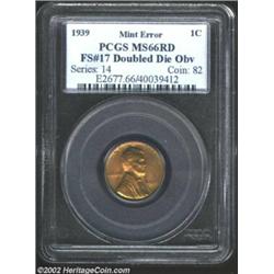 1939 1C Cent--Doubled Die--MS66 Red PCGS. FS-17. The die doubling is most noticeable near the top of