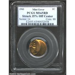 1941 1C Cent--Struck 35% Off Center--MS65 Red PCGS. Sparkling, full red mint luster, the coin actual