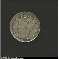 1911 5C Nickel--Struck 10% Off Center--VF20 Uncertified. A noticeable lip of empty flan is seen on t