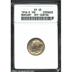 1916-S 10C Mercury Dime--Off Center--XF45 ANACS. Struck ten percent off-center at 11:00. Lightly col