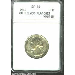 1965 25C Washington Quarter--Struck on a Silver Planchet--XF45 ANACS. Steel-blue and golden-rose acc