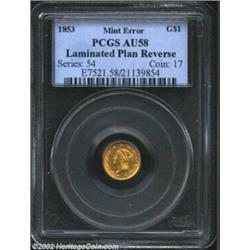 1853 G$1 Gold Dollar--Laminated Planchet Reverse--AU58 PCGS. On the reverse, a shallow lamination is