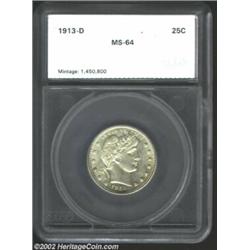 1913-D 25C Quarter MS64 SEGS (MS63). A sharply struck, carefully preserved example with smooth, near