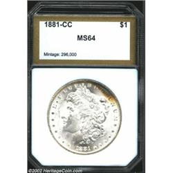 1881-CC S$1 Morgan Dollar MS64 PCI (MS64). Bands of electric-blue, golden-brown, and mauve patina cl