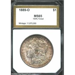 1889-O S$1 Morgan Dollar MS65 100% Toned PCI (MS64). The obverse has moderately variegated golden-br