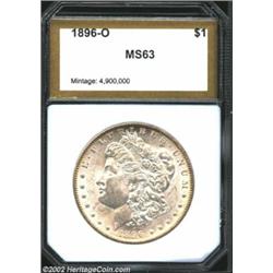 1896-O S$1 Morgan Dollar MS63 PCI (MS61). The upper serif of the 1 in the date is lightly repunched.