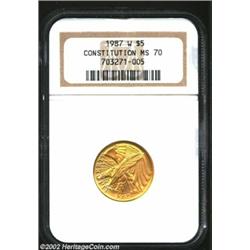 1987-W G$5 Constitution Gold Five Dollar MS70 NGC. The satiny, matte-like surfaces of this Superb Ge