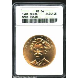 1981 American Arts Commemorative Series One Ounce Gold Medal MS64 ANACS. Mark Twain. Untoned with br