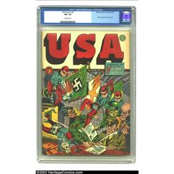 U.S.A. Comics #5 (Timely, 1942) CGC FN+ 6.5 Off-white pages. A great Hitler/Tojo/Mussolini cover dis