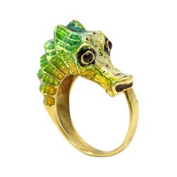 18k Gold, Green Enamel Seahorse Ring