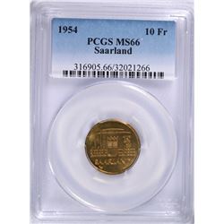 1954 SAARLAND 10 FRANKEN, PCGS MS-66 RARE!!