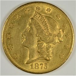 1875-CC $20.00 GOLD LIBERTY, AU-58  SUPER RARE!! LOTS OF LUSTRE LEFT