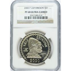 2000 LEIF ERICKSON SILVER DOLLAR, NGC PROOF-68 ULTRA CAMEO