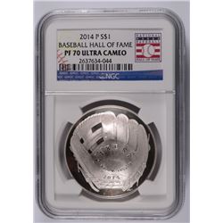2014 BASEBALL HALL OF FAME SILVER DOLLAR, NGC PROOF-70 ULTRA CAMEO