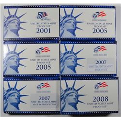 U.S. PROOF SETS: 2001 ( 2 ) 2005, ( 4 ) 2007 ( MISSING PRESIDENTIAL SET ) & 2008