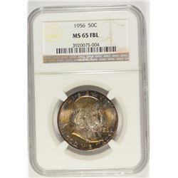 1956 FRANKLIN HALF DOLLAR, NGC MS-65 FBL  CRAZY COLORS AND TONING!!