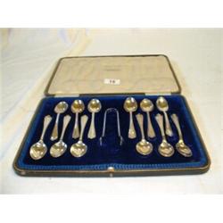 CASE AND 12 BIRMINGHAM SILVER TEASPOONS AND TONGS...