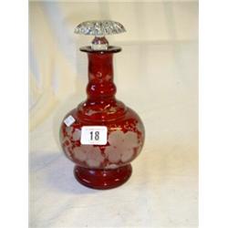 91/2" ETCHED RUBY GLASS DECANTER AND STOPPER...