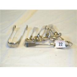 SET OF 10 GLASGOW SILVER TEASPOONS AND TONGS...