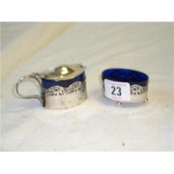 PAIR OF BIRMINGHAM SILVER CRUETS WITH BLUE GLASS LINERS...