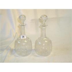 PAIR OF ETCHED CRYSTAL GLASS DECANTERS AND STOPPERS...