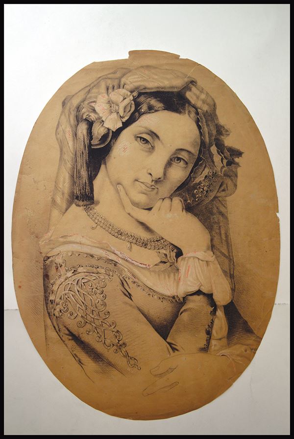 1850 Simple Drawing Female Portrait Drawing, ca.1850-60's - Archives International Auctions