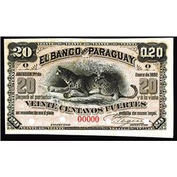 Banco Del Paraguay, 1882 Issue Proof.