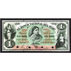 Banco Nacional Del Peru, 1877 Provisional Issue Specimen Without Overprint.