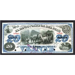 Banco Nacional Del Peru, 1877 Provisional Issue Specimen Without Overprint.
