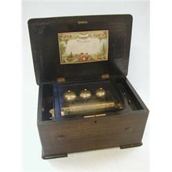A SWISS CYLINDER MUSICAL BOX, c.1890, table top, single cylinder, three bell strike, musical shee...